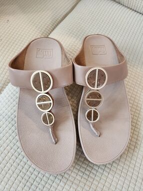 FitFlop BEIGE Thong Sandals with Gold Circle Accents